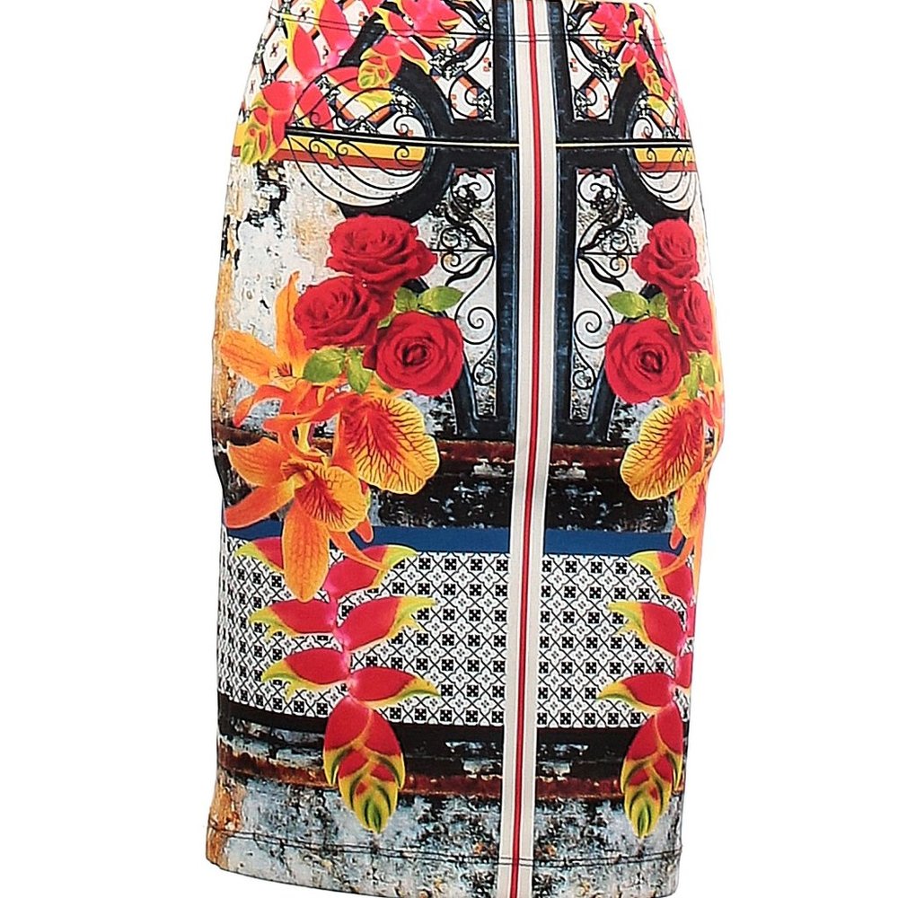 Clover Canyon bodycon knee-length pencil skirt XS bright floral print roses